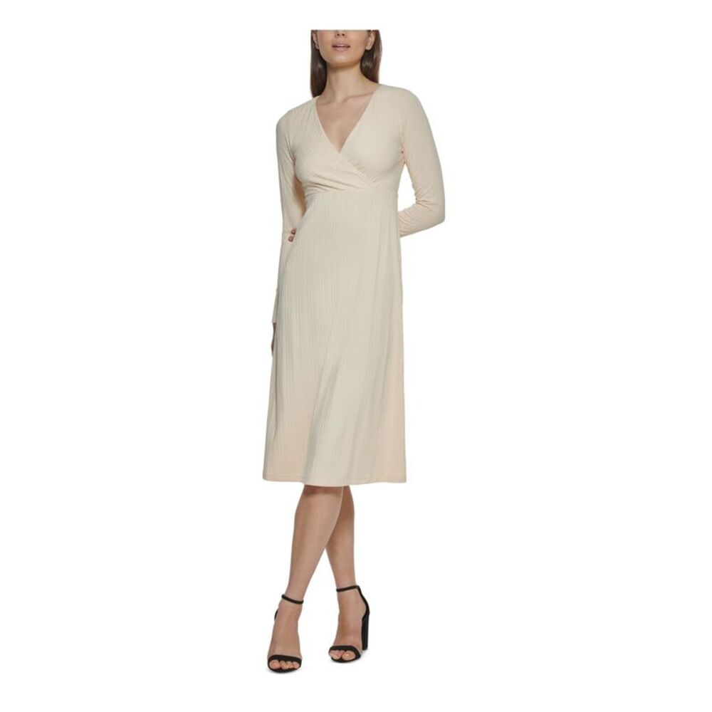 NWT KENSIE DRESSES Womens Beige Knit Long Sleeve Below The Knee A-Line Dress M